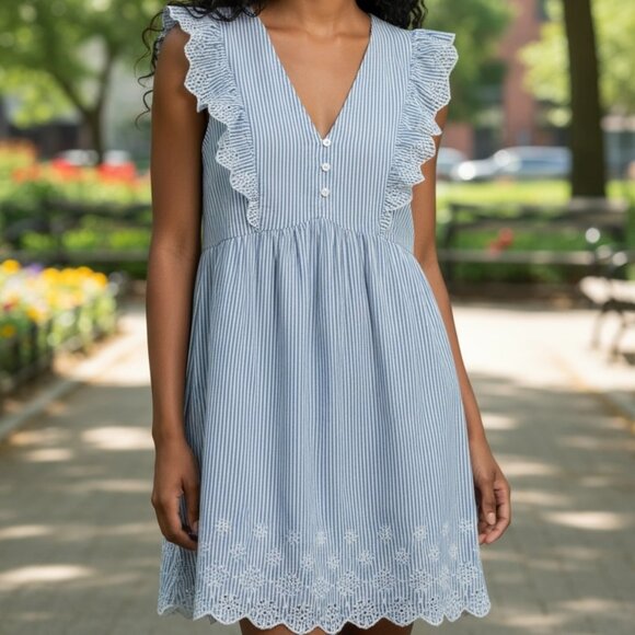 Loft Women's Striped Eyelet Button Ruffle Swing Dress M - Picture 1 of 12